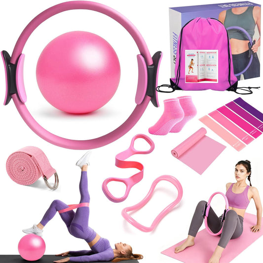 Pilates Ring Equipment Set, Home Pilates Kit for Women with 13’’ Magic Ring with Dual Padded Handles, Small Pilates Ball, 5 Resistance Bands & Complete Fitness Guide, Pilates Essential Accessories