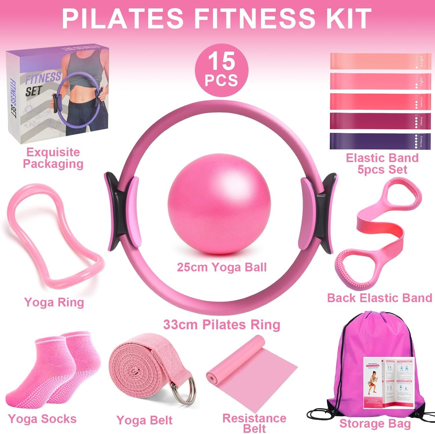 Pilates Ring Equipment Set, Home Pilates Kit for Women with 13’’ Magic Ring with Dual Padded Handles, Small Pilates Ball, 5 Resistance Bands & Complete Fitness Guide, Pilates Essential Accessories