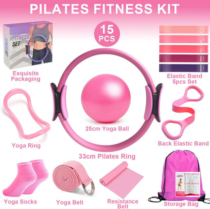Pilates Ring Equipment Set, Home Pilates Kit for Women with 13’’ Magic Ring with Dual Padded Handles, Small Pilates Ball, 5 Resistance Bands & Complete Fitness Guide, Pilates Essential Accessories