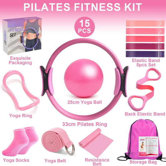 Pilates Ring Equipment Set, Home Pilates Kit for Women with 13’’ Magic Ring with Dual Padded Handles, Small Pilates Ball, 5 Resistance Bands & Complete Fitness Guide, Pilates Essential Accessories