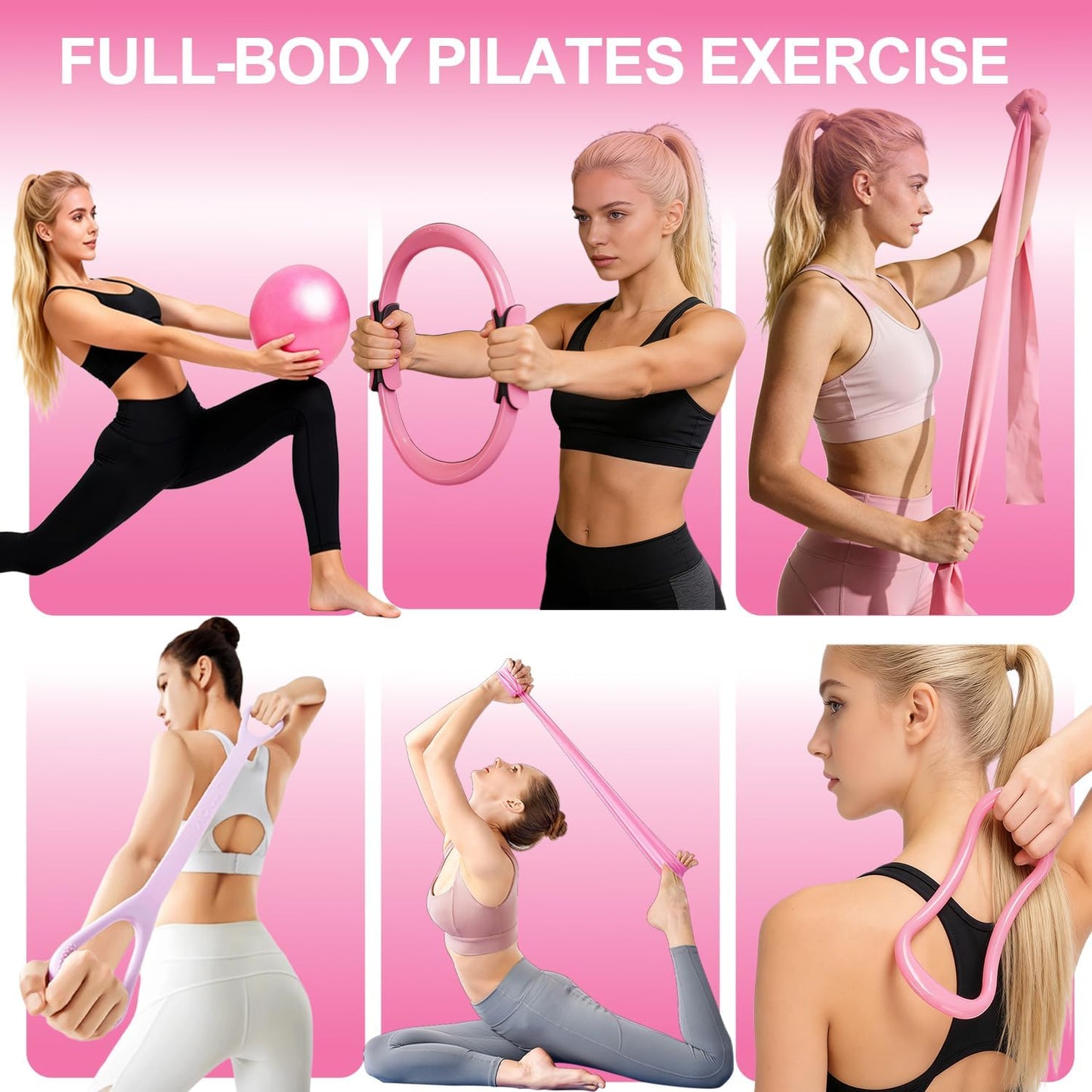 Pilates Ring Equipment Set, Home Pilates Kit for Women with 13’’ Magic Ring with Dual Padded Handles, Small Pilates Ball, 5 Resistance Bands & Complete Fitness Guide, Pilates Essential Accessories