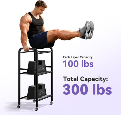 3-Tier Heavy-Duty Home Gym Storage Rack with Hooks and Smooth Wheels for Workout Gear
