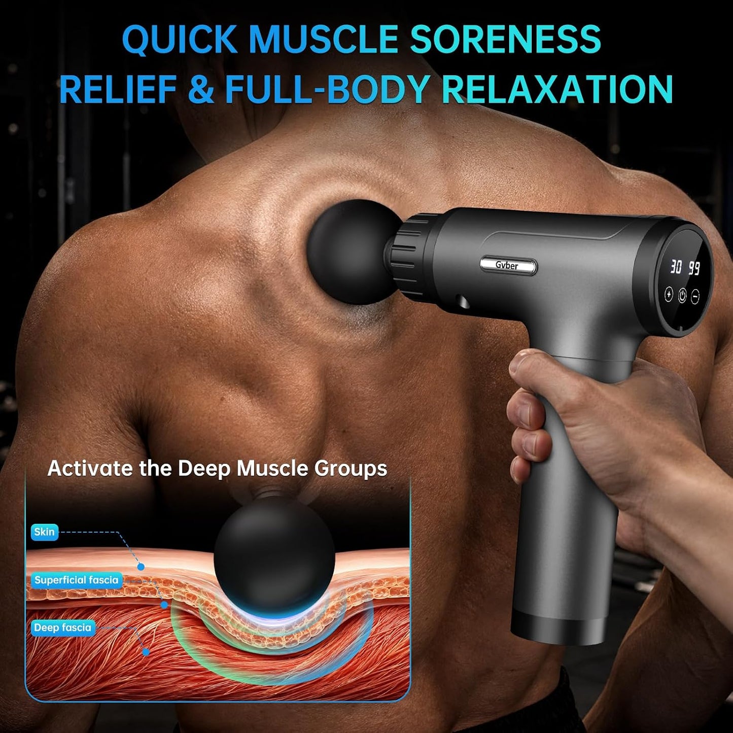Massage Gun Deep Tissue 30 Speeds 6 Heads, Grey