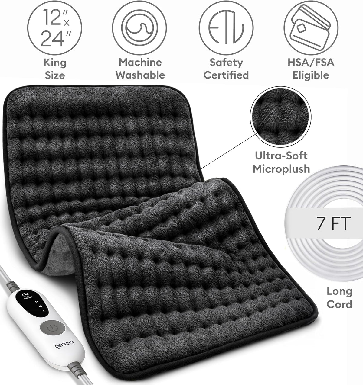 Electric Heating Pad for Back Pain & Cramps Relief, Electric Throw, Self Care Gifts for Women, Heating Pad for Neck & Shoulder, Machine Washable Microplush, Auto Shut Off (12"x24", Tabby Gray)