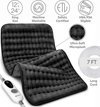 Electric Heating Pad for Back Pain & Cramps Relief, Electric Throw, Self Care Gifts for Women, Heating Pad for Neck & Shoulder, Machine Washable Microplush, Auto Shut Off (12"x24", Tabby Gray)