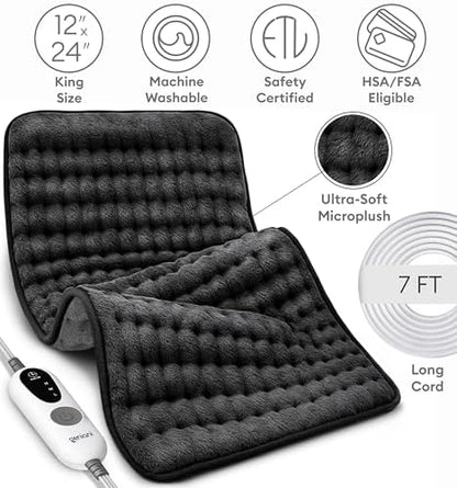 Electric Heating Pad for Back Pain & Cramps Relief, Electric Throw, Self Care Gifts for Women, Heating Pad for Neck & Shoulder, Machine Washable Microplush, Auto Shut Off (12"x24", Tabby Gray)