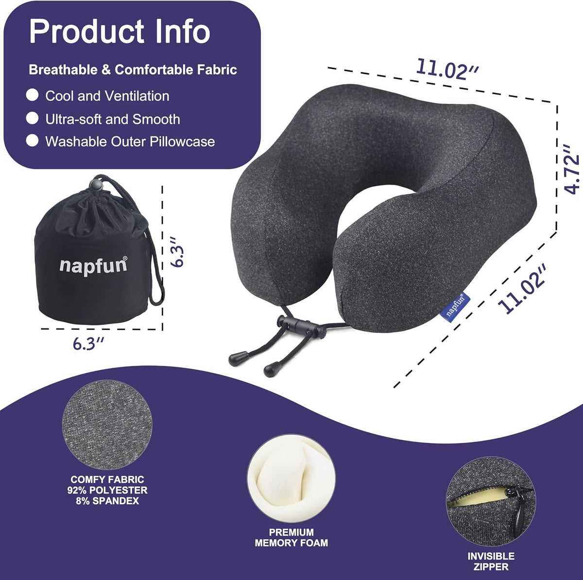 Neck Pillow for Traveling, Upgraded Travel Neck Pillow for Airplane 100% Pure Memory Foam Travel Pillow for Flight Headrest Sleep, Portable Plane Accessories, Light Grey