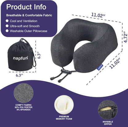 Neck Pillow for Traveling, Upgraded Travel Neck Pillow for Airplane 100% Pure Memory Foam Travel Pillow for Flight Headrest Sleep, Portable Plane Accessories, Light Grey