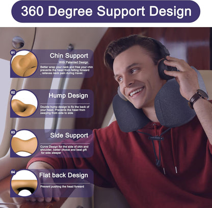 Neck Pillow for Traveling, Upgraded Travel Neck Pillow for Airplane 100% Pure Memory Foam Travel Pillow for Flight Headrest Sleep, Portable Plane Accessories, Light Grey