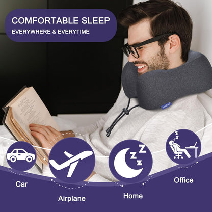 Neck Pillow for Traveling, Upgraded Travel Neck Pillow for Airplane 100% Pure Memory Foam Travel Pillow for Flight Headrest Sleep, Portable Plane Accessories, Light Grey