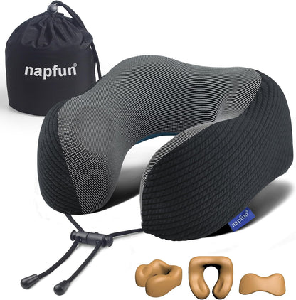 Neck Pillow for Traveling, Upgraded Travel Neck Pillow for Airplane 100% Pure Memory Foam Travel Pillow for Flight Headrest Sleep, Portable Plane Accessories, Light Grey