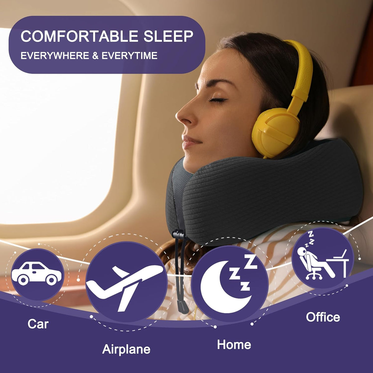 Neck Pillow for Traveling, Upgraded Travel Neck Pillow for Airplane 100% Pure Memory Foam Travel Pillow for Flight Headrest Sleep, Portable Plane Accessories, Light Grey