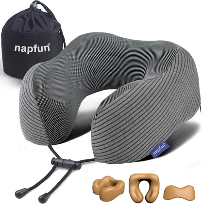 Neck Pillow for Traveling, Upgraded Travel Neck Pillow for Airplane 100% Pure Memory Foam Travel Pillow for Flight Headrest Sleep, Portable Plane Accessories, Light Grey