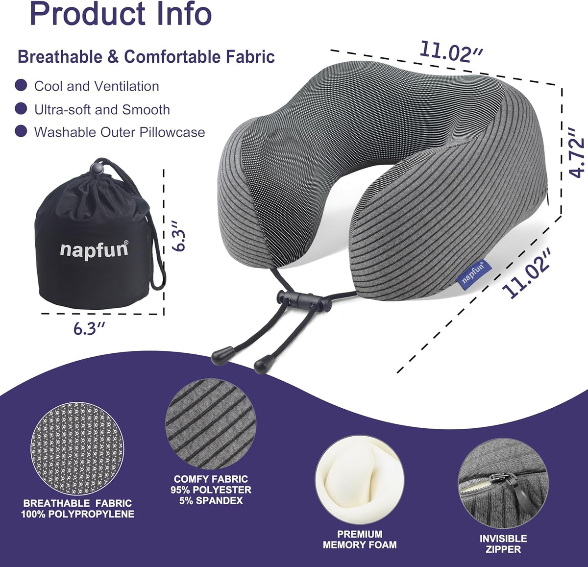 Neck Pillow for Traveling, Upgraded Travel Neck Pillow for Airplane 100% Pure Memory Foam Travel Pillow for Flight Headrest Sleep, Portable Plane Accessories, Light Grey