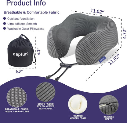 Neck Pillow for Traveling, Upgraded Travel Neck Pillow for Airplane 100% Pure Memory Foam Travel Pillow for Flight Headrest Sleep, Portable Plane Accessories, Light Grey