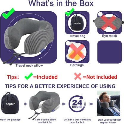 Neck Pillow for Traveling, Upgraded Travel Neck Pillow for Airplane 100% Pure Memory Foam Travel Pillow for Flight Headrest Sleep, Portable Plane Accessories, Light Grey