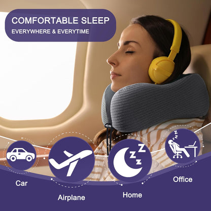 Neck Pillow for Traveling, Upgraded Travel Neck Pillow for Airplane 100% Pure Memory Foam Travel Pillow for Flight Headrest Sleep, Portable Plane Accessories, Light Grey