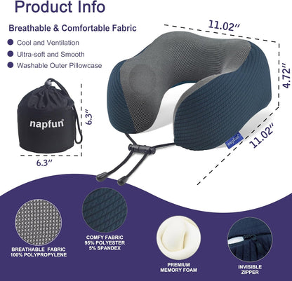 Neck Pillow for Traveling, Upgraded Travel Neck Pillow for Airplane 100% Pure Memory Foam Travel Pillow for Flight Headrest Sleep, Portable Plane Accessories, Light Grey