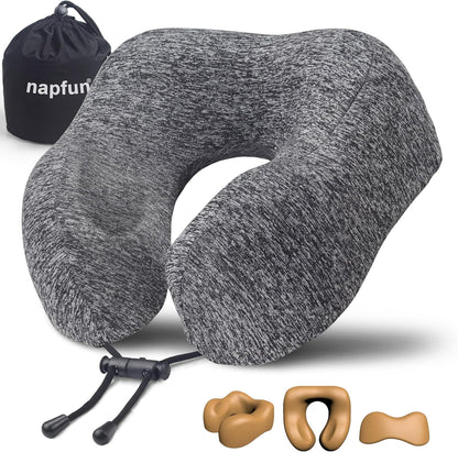 Neck Pillow for Traveling, Upgraded Travel Neck Pillow for Airplane 100% Pure Memory Foam Travel Pillow for Flight Headrest Sleep, Portable Plane Accessories, Light Grey