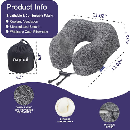 Neck Pillow for Traveling, Upgraded Travel Neck Pillow for Airplane 100% Pure Memory Foam Travel Pillow for Flight Headrest Sleep, Portable Plane Accessories, Light Grey