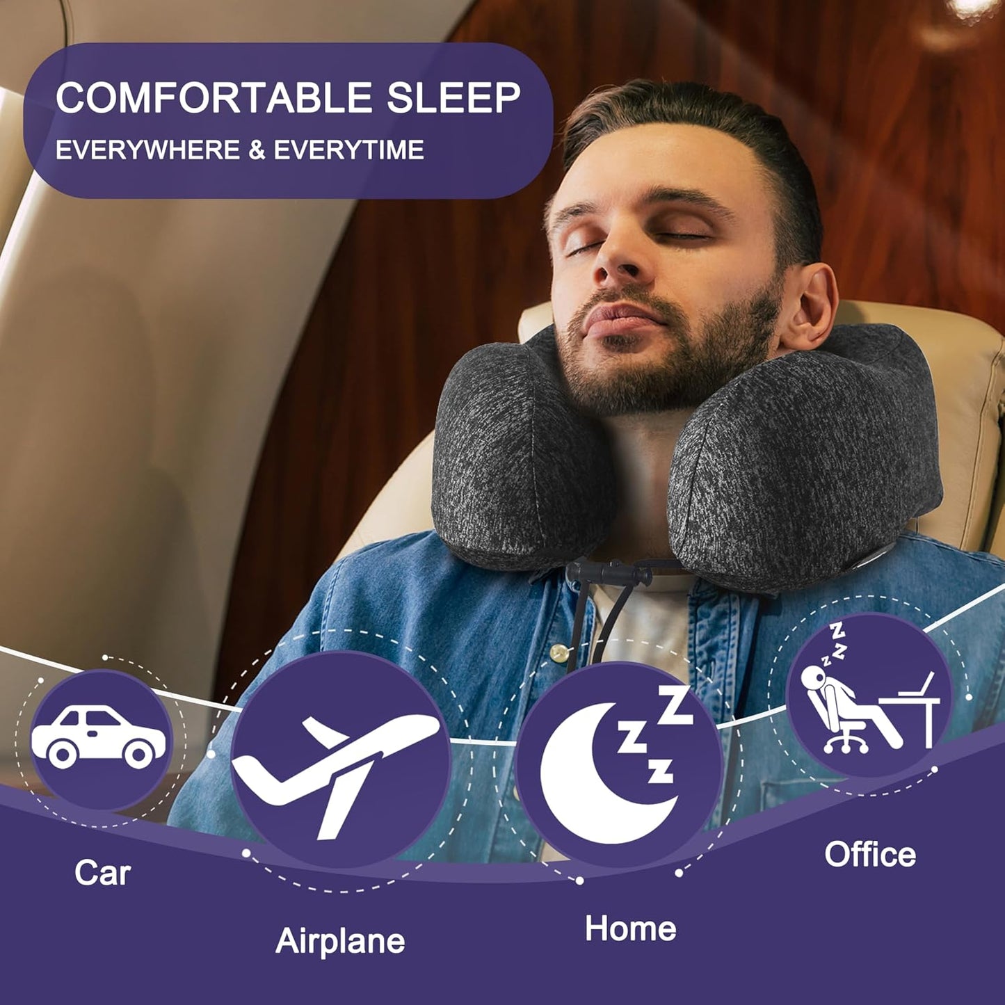 Neck Pillow for Traveling, Upgraded Travel Neck Pillow for Airplane 100% Pure Memory Foam Travel Pillow for Flight Headrest Sleep, Portable Plane Accessories, Light Grey