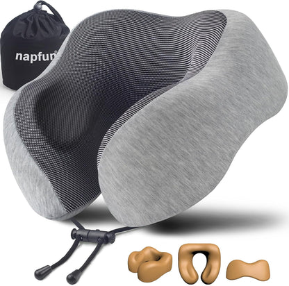 Neck Pillow for Traveling, Upgraded Travel Neck Pillow for Airplane 100% Pure Memory Foam Travel Pillow for Flight Headrest Sleep, Portable Plane Accessories, Light Grey