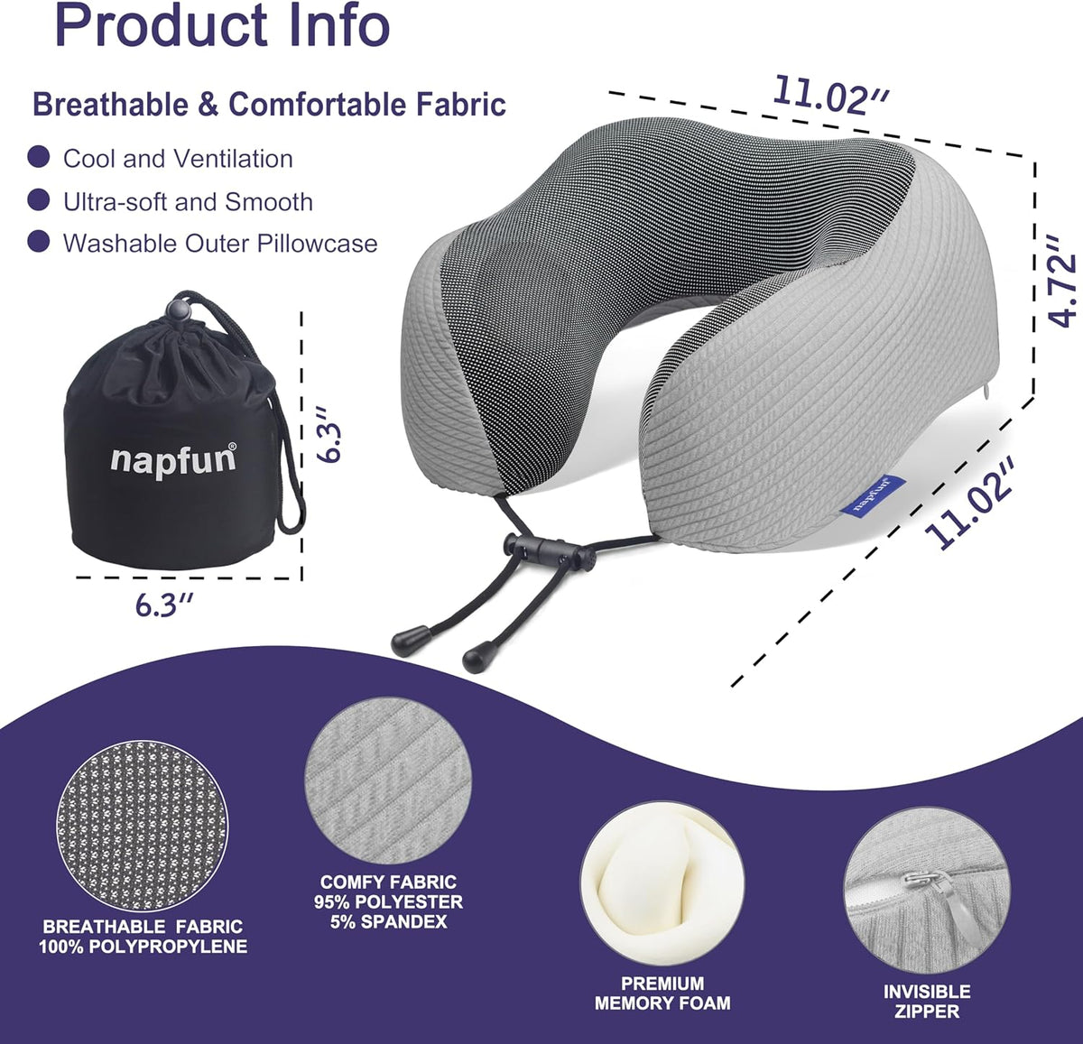 Neck Pillow for Traveling, Upgraded Travel Neck Pillow for Airplane 100% Pure Memory Foam Travel Pillow for Flight Headrest Sleep, Portable Plane Accessories, Light Grey