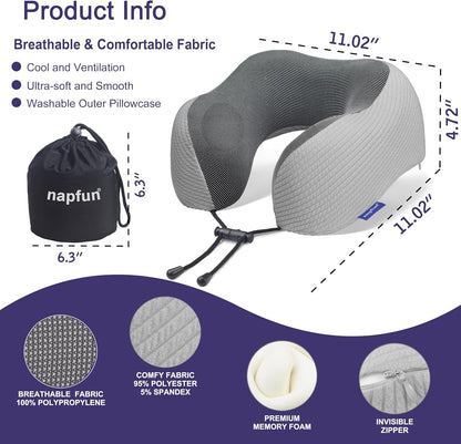 Neck Pillow for Traveling, Upgraded Travel Neck Pillow for Airplane 100% Pure Memory Foam Travel Pillow for Flight Headrest Sleep, Portable Plane Accessories, Light Grey