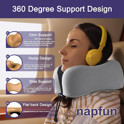 Neck Pillow for Traveling, Upgraded Travel Neck Pillow for Airplane 100% Pure Memory Foam Travel Pillow for Flight Headrest Sleep, Portable Plane Accessories, Light Grey