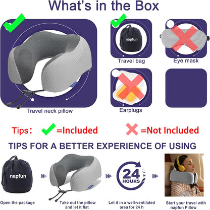 Neck Pillow for Traveling, Upgraded Travel Neck Pillow for Airplane 100% Pure Memory Foam Travel Pillow for Flight Headrest Sleep, Portable Plane Accessories, Light Grey