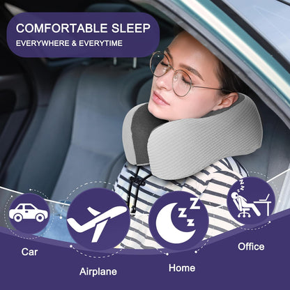 Neck Pillow for Traveling, Upgraded Travel Neck Pillow for Airplane 100% Pure Memory Foam Travel Pillow for Flight Headrest Sleep, Portable Plane Accessories, Light Grey