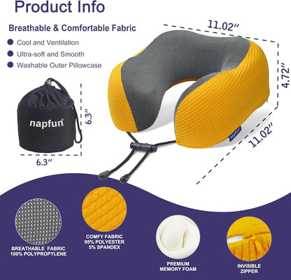 Neck Pillow for Traveling, Upgraded Travel Neck Pillow for Airplane 100% Pure Memory Foam Travel Pillow for Flight Headrest Sleep, Portable Plane Accessories, Light Grey