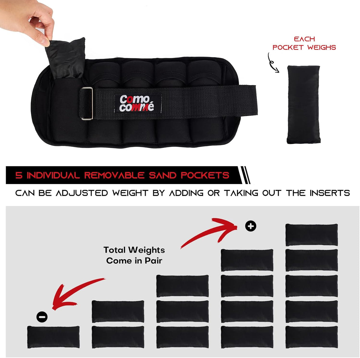 Adjustable Ankle Weights, 2 3 5 lb 1 Pair Strength Training Wrist Leg Arm Weights for Women, Men, Weighted Ankle Weight Set with Removable Sandbags for for Gym, Fitness Workout, Running Lifting