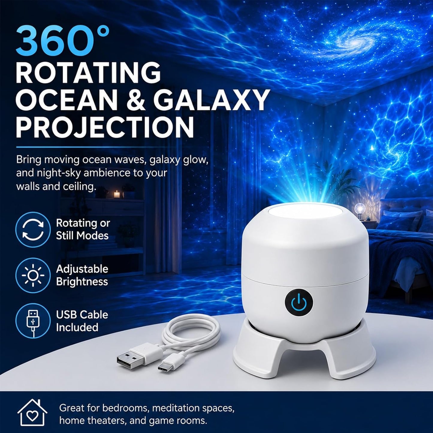 Dynamic Rotating LED Projector Light, 360° Ocean Wave Galaxy Night Light, Multi-Angle Base, USB Rechargeable, Adjustable Brightness, Bedroom/Meditation/Home Theater Light (Ocean, Rechargeable)