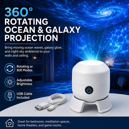 Dynamic Rotating LED Projector Light, 360° Ocean Wave Galaxy Night Light, Multi-Angle Base, USB Rechargeable, Adjustable Brightness, Bedroom/Meditation/Home Theater Light (Ocean, Rechargeable)
