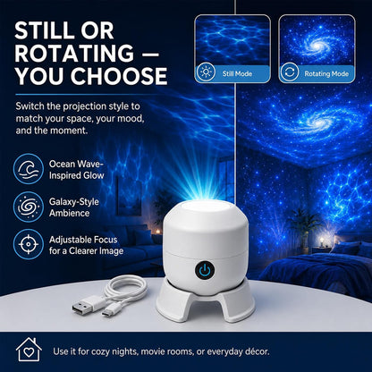 Dynamic Rotating LED Projector Light, 360° Ocean Wave Galaxy Night Light, Multi-Angle Base, USB Rechargeable, Adjustable Brightness, Bedroom/Meditation/Home Theater Light (Ocean, Rechargeable)