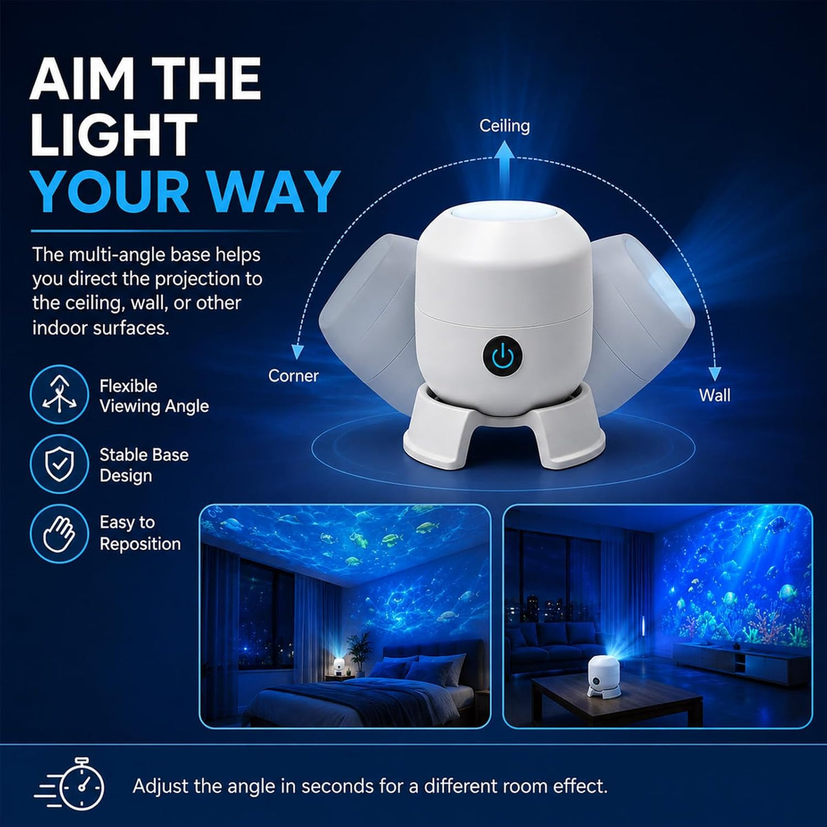 Dynamic Rotating LED Projector Light, 360° Ocean Wave Galaxy Night Light, Multi-Angle Base, USB Rechargeable, Adjustable Brightness, Bedroom/Meditation/Home Theater Light (Ocean, Rechargeable)
