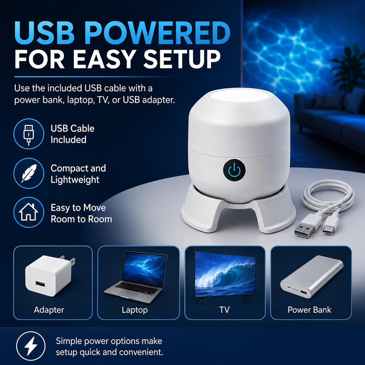 Dynamic Rotating LED Projector Light, 360° Ocean Wave Galaxy Night Light, Multi-Angle Base, USB Rechargeable, Adjustable Brightness, Bedroom/Meditation/Home Theater Light (Ocean, Rechargeable)
