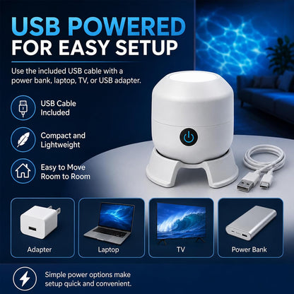 Dynamic Rotating LED Projector Light, 360° Ocean Wave Galaxy Night Light, Multi-Angle Base, USB Rechargeable, Adjustable Brightness, Bedroom/Meditation/Home Theater Light (Ocean, Rechargeable)