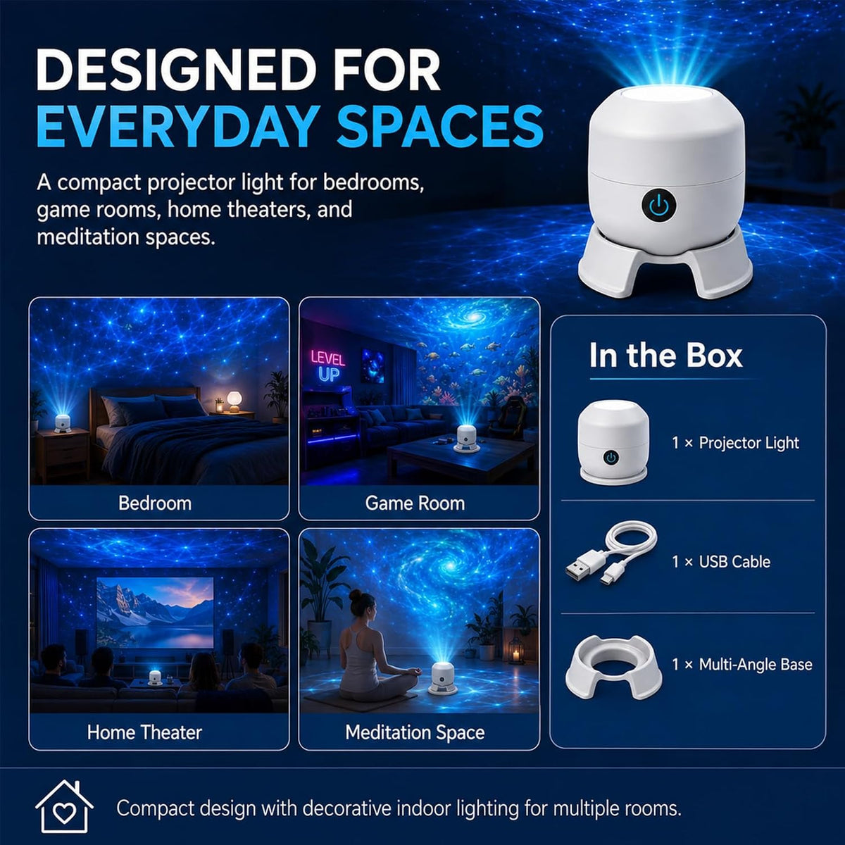 Dynamic Rotating LED Projector Light, 360° Ocean Wave Galaxy Night Light, Multi-Angle Base, USB Rechargeable, Adjustable Brightness, Bedroom/Meditation/Home Theater Light (Ocean, Rechargeable)