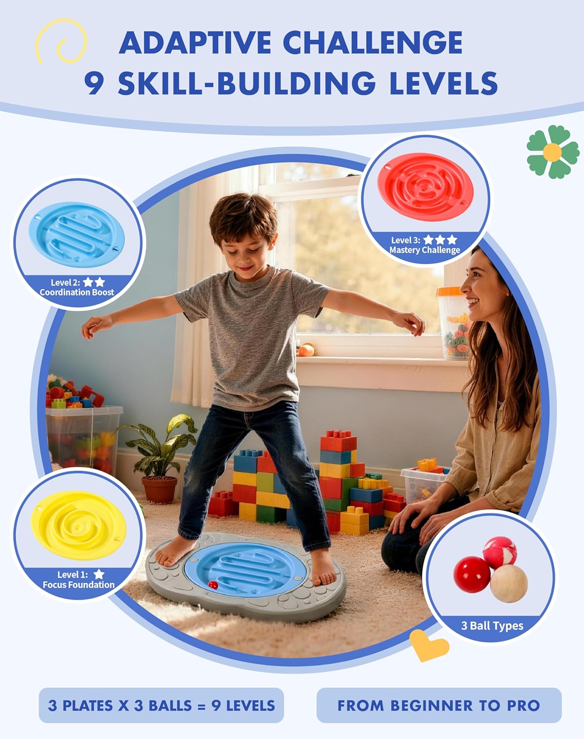 2-in-1 Kids Maze Balance Board, 3 Swappable Labyrinths & 3 Challenge Balls, Non-Slip Rubber Base Wobble Board for Core Training, Skate Prep & ADHD Focus, Ages 3-12