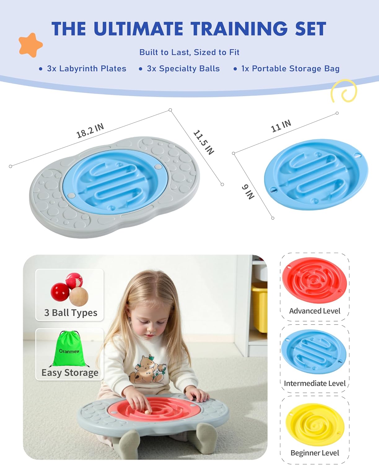2-in-1 Kids Maze Balance Board, 3 Swappable Labyrinths & 3 Challenge Balls, Non-Slip Rubber Base Wobble Board for Core Training, Skate Prep & ADHD Focus, Ages 3-12