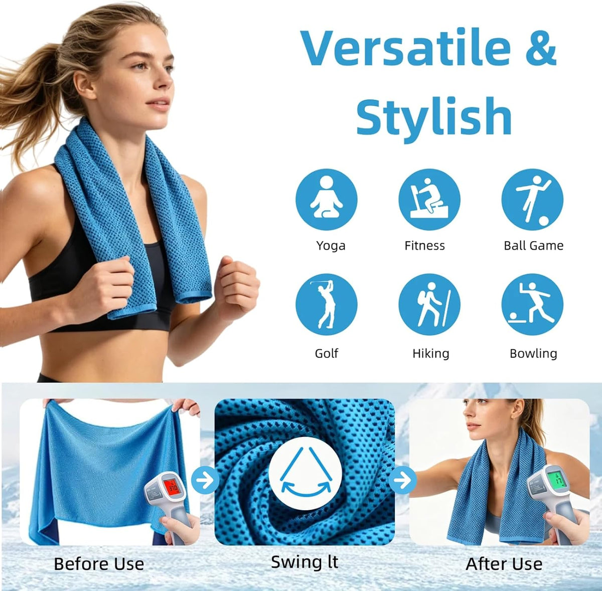 5 Pack Cooling Towel 31"x11", Microfiber Gym Towels for Men and Women，Soft Breathable Chilly Towe for Yoga, Running, Workout,Gym, Camping, Fitness, Workout
