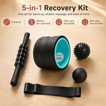 5-in-1 Foam Roller Set with Back Roller, Massage Roller Stick, Spiky Ball, Fascia Ball and Stretch Band, 6 Inch Yoga Back Stretcher for Deep Stretch, Posture Support and Home Workout Recovery