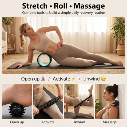 5-in-1 Foam Roller Set with Back Roller, Massage Roller Stick, Spiky Ball, Fascia Ball and Stretch Band, 6 Inch Yoga Back Stretcher for Deep Stretch, Posture Support and Home Workout Recovery