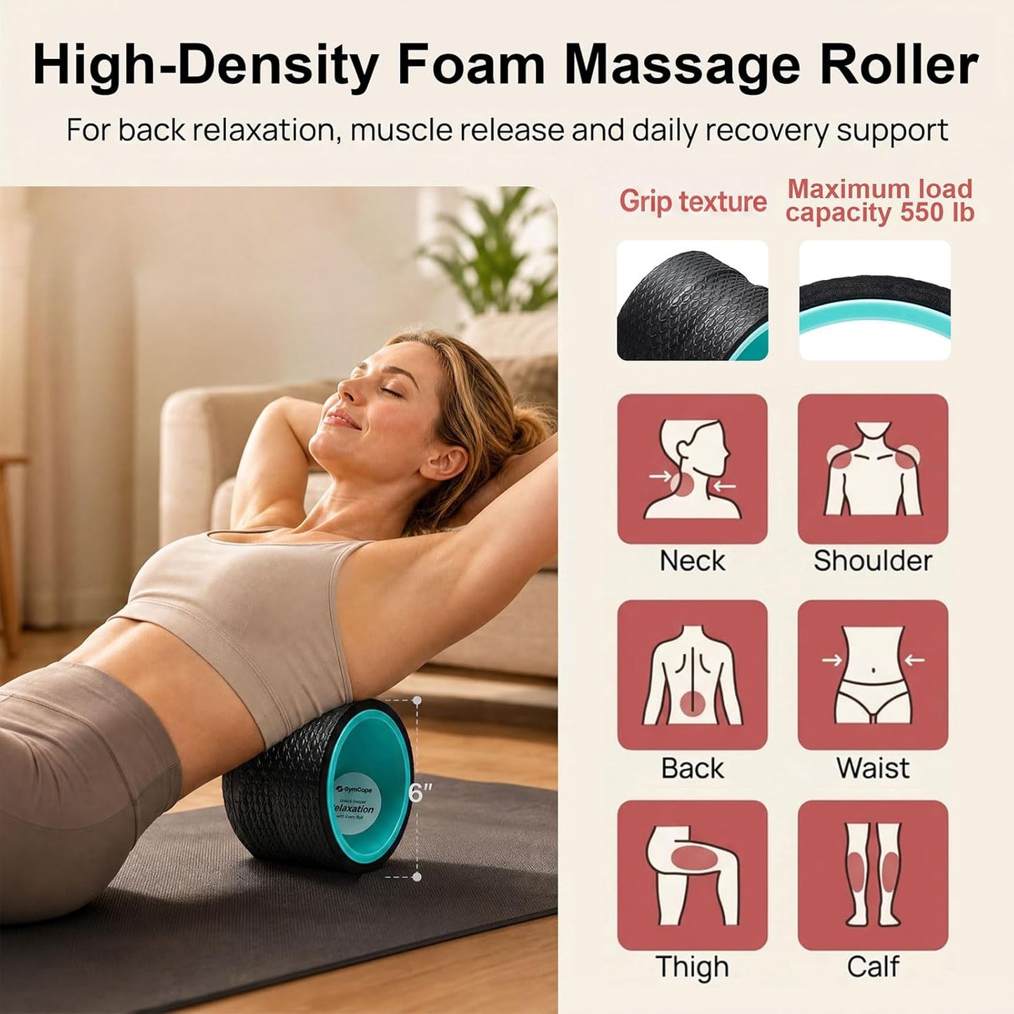 5-in-1 Foam Roller Set with Back Roller, Massage Roller Stick, Spiky Ball, Fascia Ball and Stretch Band, 6 Inch Yoga Back Stretcher for Deep Stretch, Posture Support and Home Workout Recovery