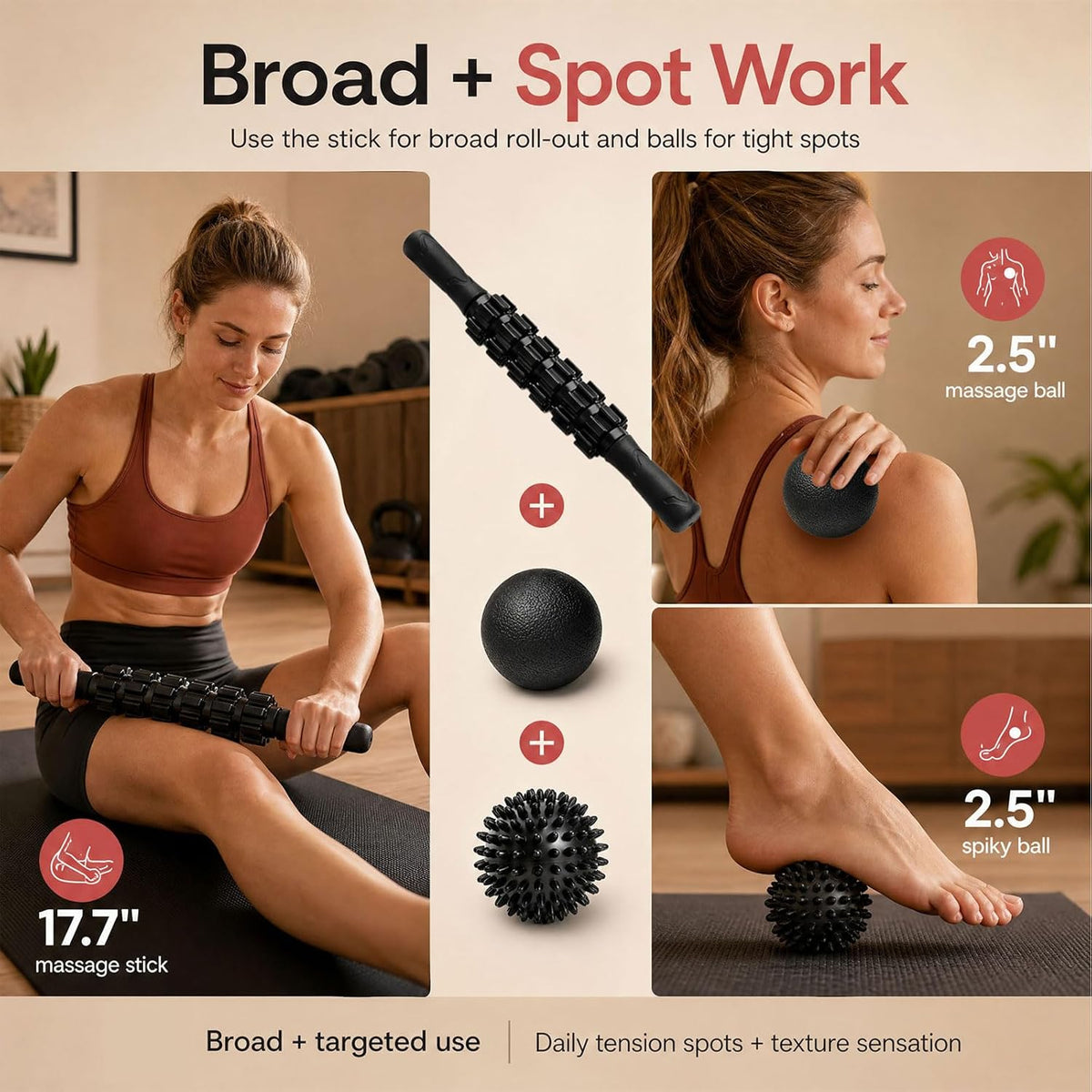 5-in-1 Foam Roller Set with Back Roller, Massage Roller Stick, Spiky Ball, Fascia Ball and Stretch Band, 6 Inch Yoga Back Stretcher for Deep Stretch, Posture Support and Home Workout Recovery