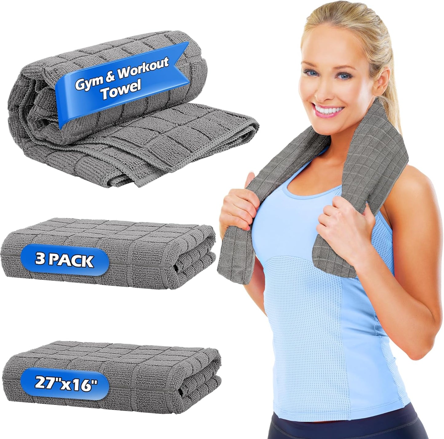 HOMERHYMRE Microfiber Workout Towels, 3 Pack Grey Gym Sweat Sports Towel for Yoga, Tennis, Running, Exercise, Working Out, Camping, Quick Dry, Highly Absorbent, for Women & Men, 16 x 27 Inch