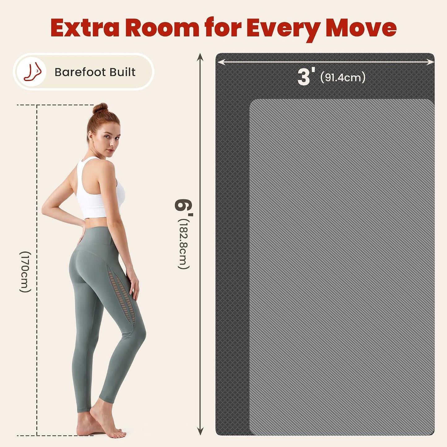 Large Yoga Mat, 6' x 4'/6' x 3' x 6mm /8mm/12mm Thick Workout Mat | Wide Non Slip Exercise Flooring for Yoga Home Gym, Pilates, Stretching, Cardio & Barefoot Workouts