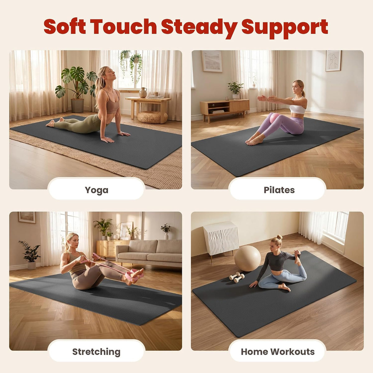 Large Yoga Mat, 6' x 4'/6' x 3' x 6mm /8mm/12mm Thick Workout Mat | Wide Non Slip Exercise Flooring for Yoga Home Gym, Pilates, Stretching, Cardio & Barefoot Workouts